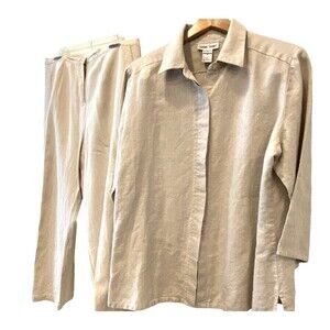 100% Linen FLAX Blouse Top 3/4 Ecru Button Up Placket Classic Career NWOT 16